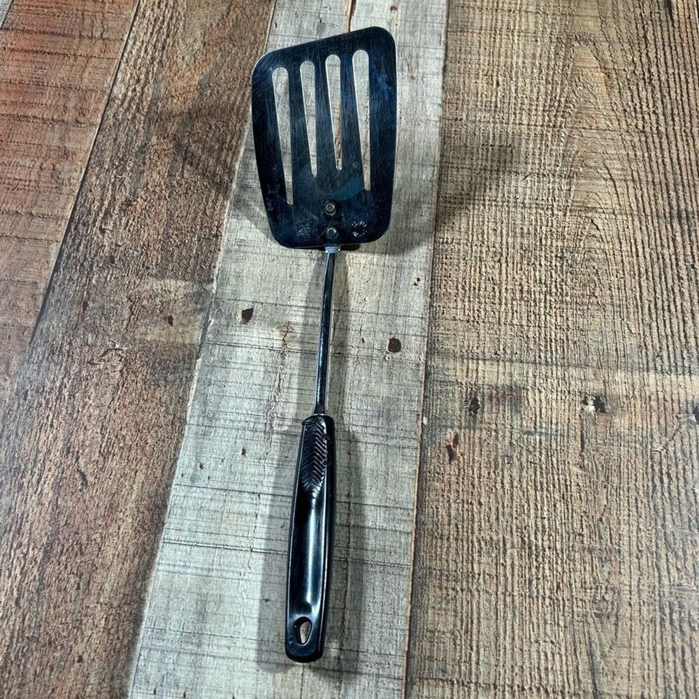 Vintage Foley USA Chrome Slotted Spatula Black Handle Mid Century 11.5" Kitchen